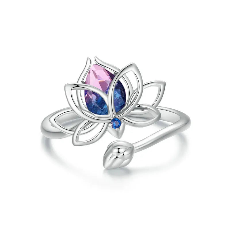 Sterling silver lotus flower ring with pink and blue gradient gemstone and small blue accent stone

