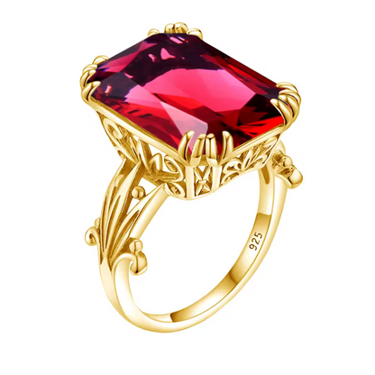 Three bold square-cut gemstone rings in red, crimson, and soft rose pink, set in gold-plated bands from the Rossa collection.

