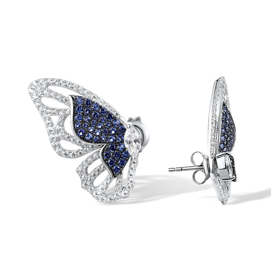 Sterling silver butterfly stud earrings with blue and white gemstones

