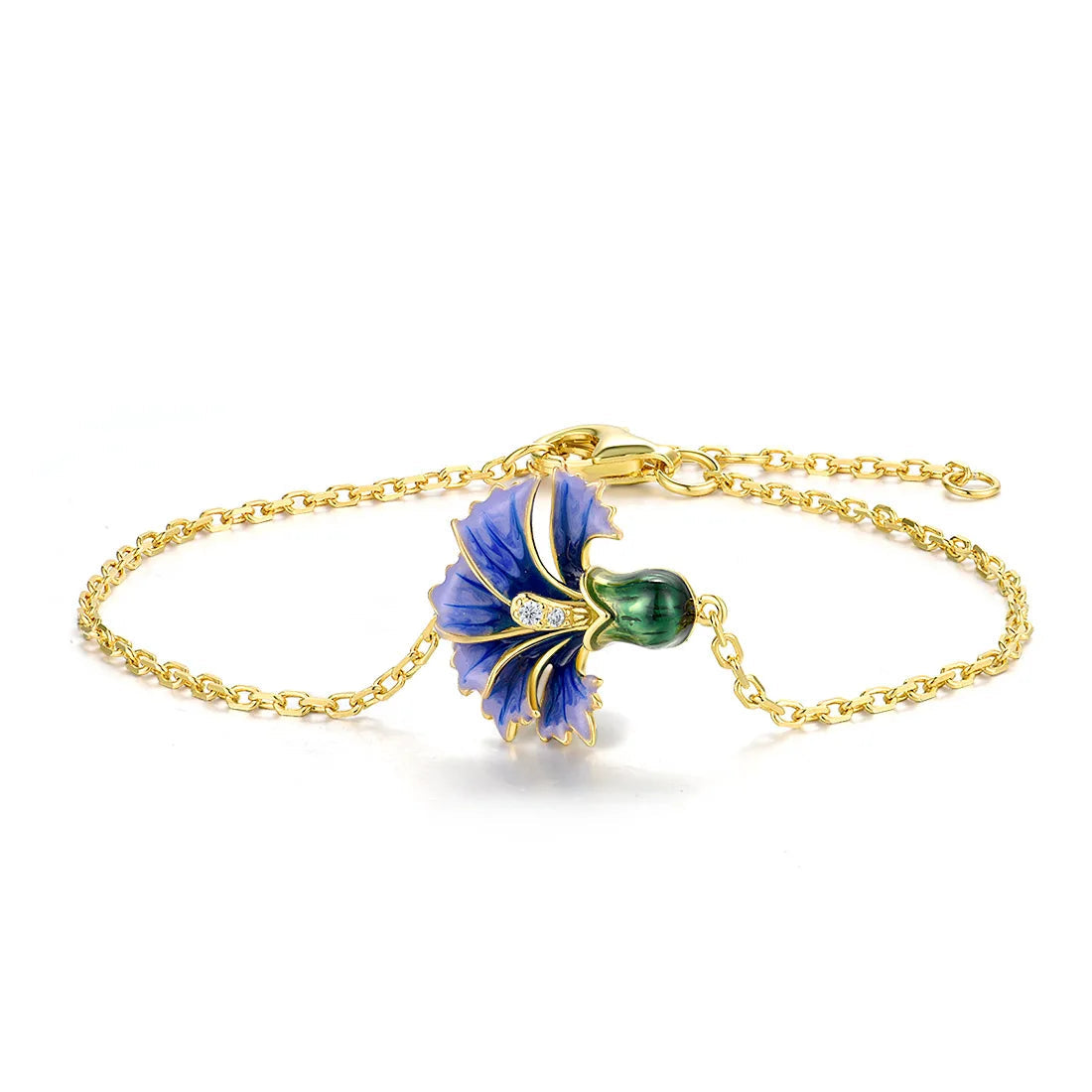 Gold bracelet with a purple and green enamel flower, detailed with sparkling stones on a fine chain

