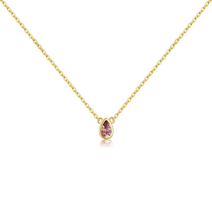 Gold necklace with a pear-shaped pink gemstone pendant at the center.


