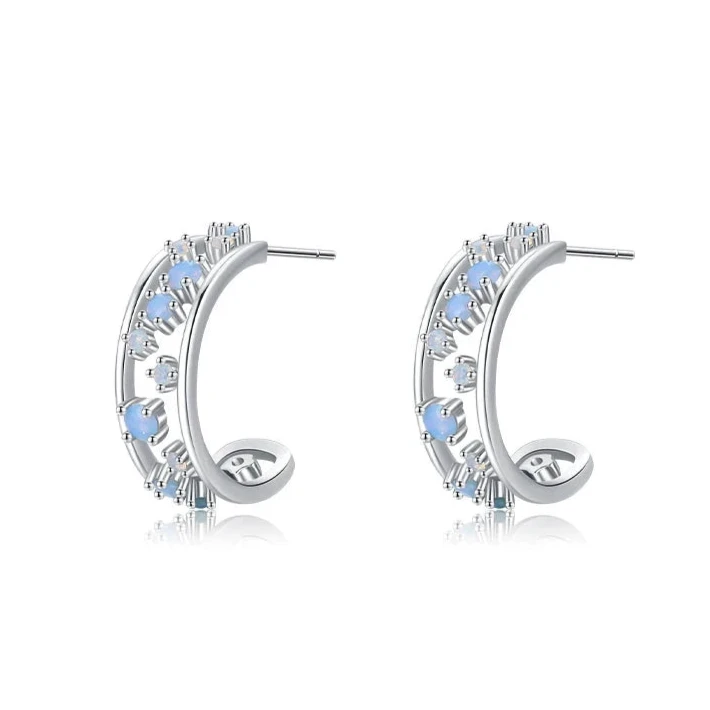 Silver hoop earrings with scattered opalescent and clear stones set in a textured band

