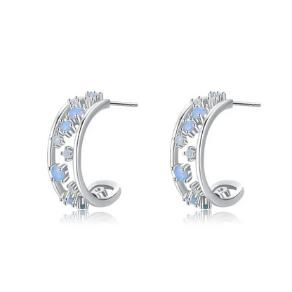 Silver hoop earrings with scattered opalescent and clear stones set in a textured band

