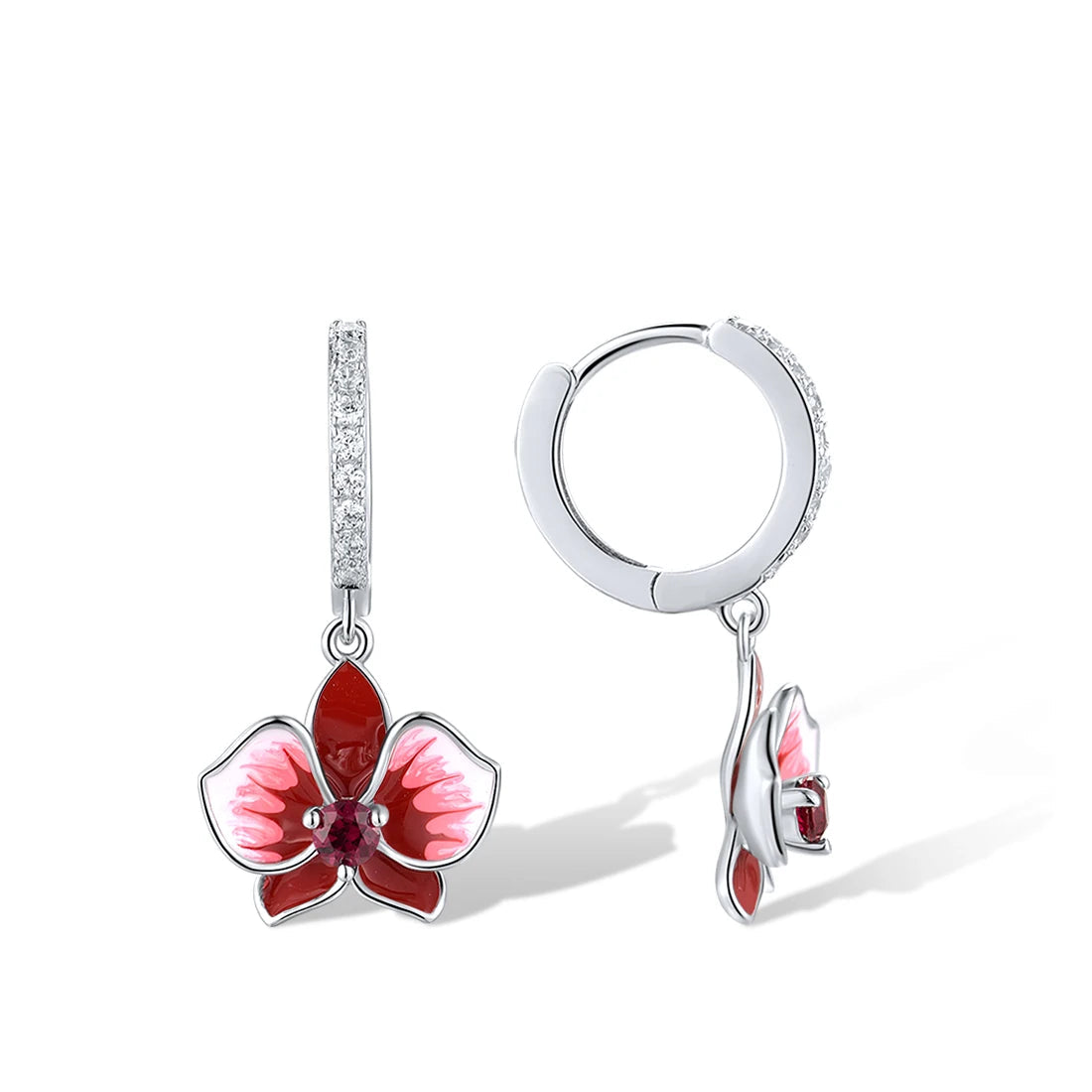 Cuore Rubino earrings featuring red and pink orchid-shaped enamel flowers with sparkling red gemstone centers and crystal-accented hoops.

