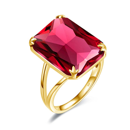 Three bold square-cut gemstone rings in red, crimson, and soft rose pink, set in gold-plated bands from the Rossa collection.

