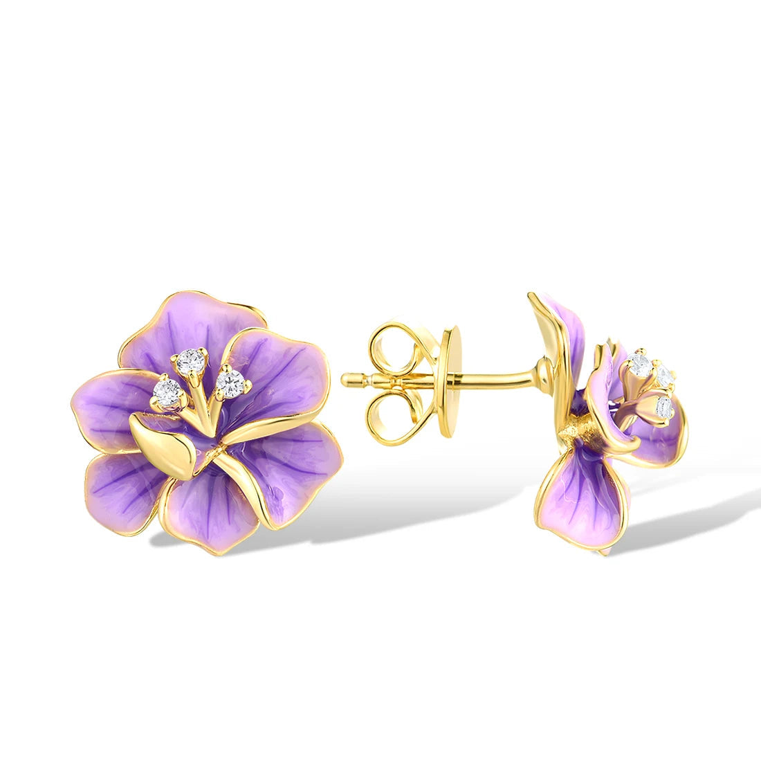 Gold floral stud earrings with violet enamel petals and crystal accents

