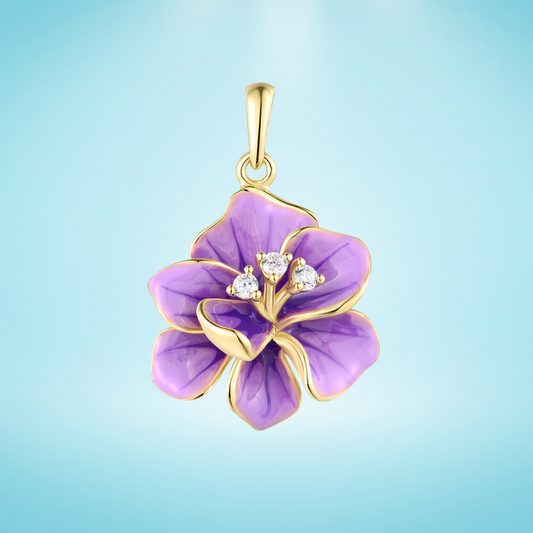 Gold floral pendant with layered violet enamel petals and three small white gemstone accents in the center