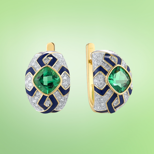 Gold and silver oval earrings with green cushion-cut stones, navy enamel, and geometric patterns

