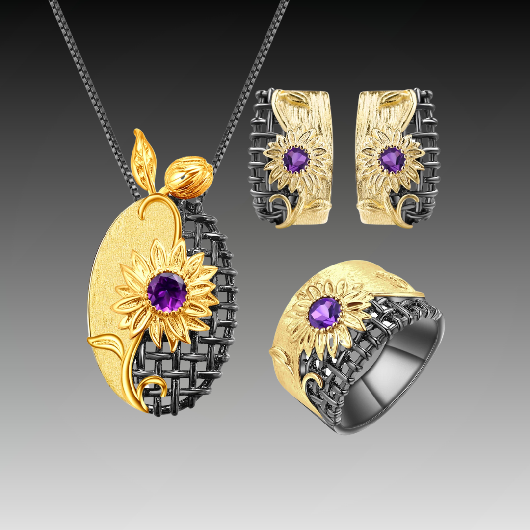 Coordinated necklace, earrings, and ring set with gold sunflower design and purple gemstones

