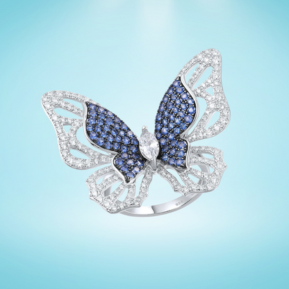 Sterling silver butterfly ring with blue and white pavé stones

