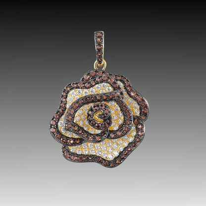 Pendant shaped like a rose with pavé detailing in brown, yellow, and white stones

