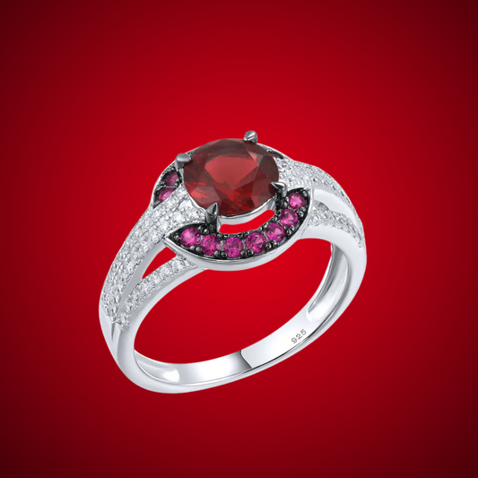 Silver ring with a large round red center stone, surrounded by a crescent of smaller pink stones and pavé white accents on a split band.

