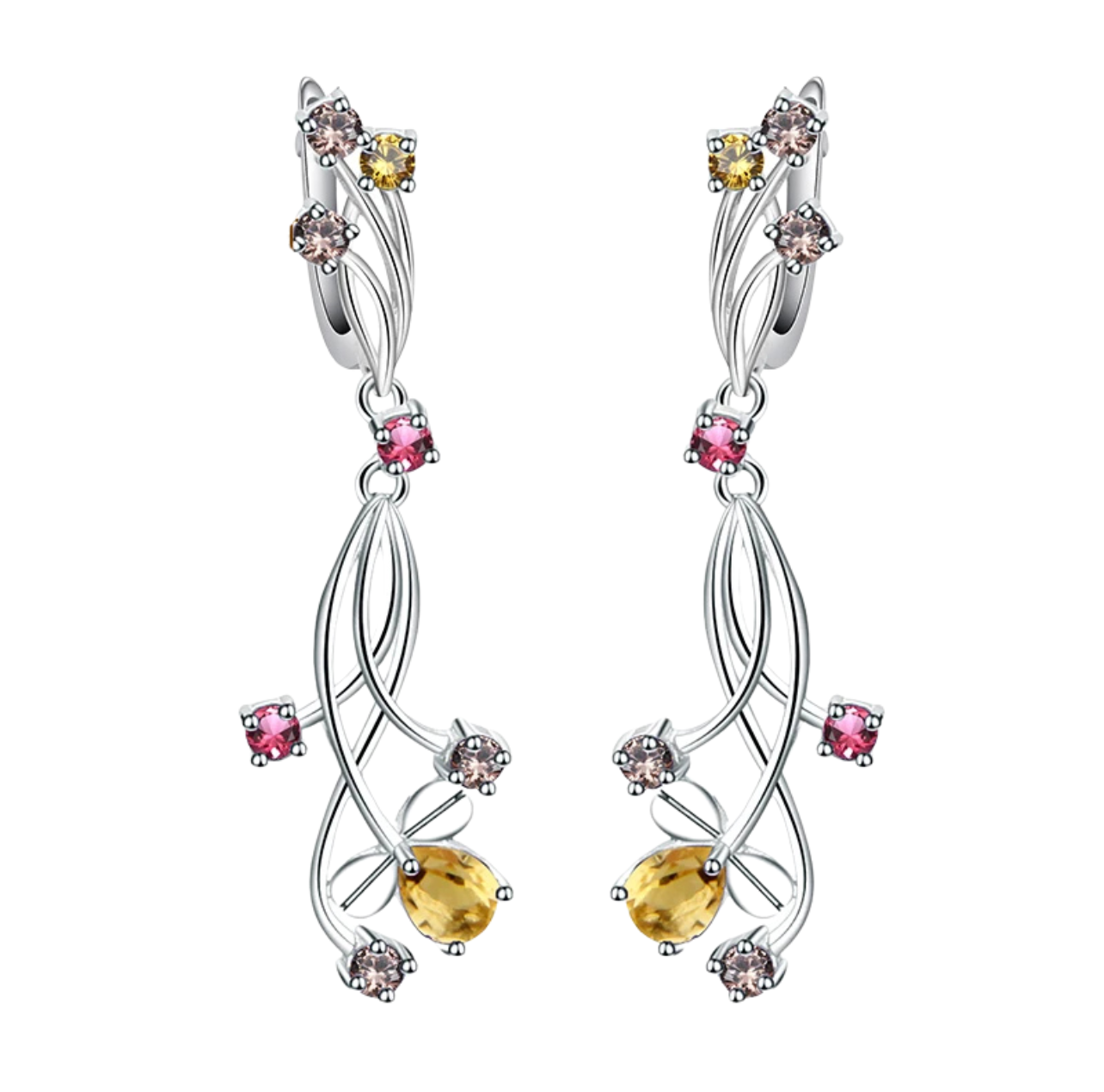 Pair of silver drop earrings with yellow teardrop stones and mixed round gemstones in pink, champagne, and yellow tones.

