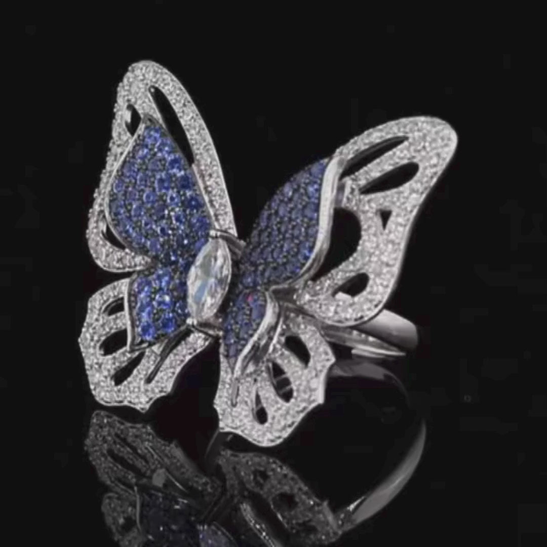 Sterling silver butterfly ring with blue and white pavé stones

