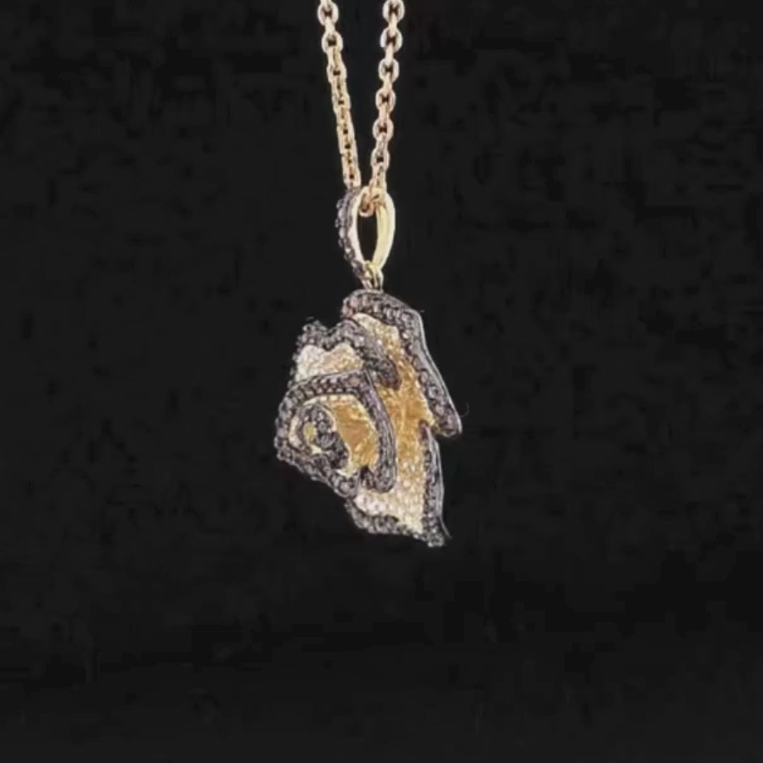 Pendant shaped like a rose with pavé detailing in brown, yellow, and white stones

